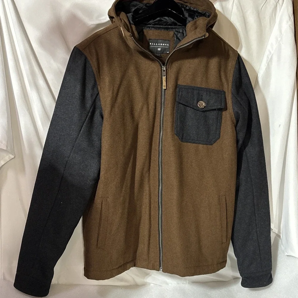 Men's Billabong Tan Gray Colorblock Quilted Line Jacket Full Zip Hooded Jacket M